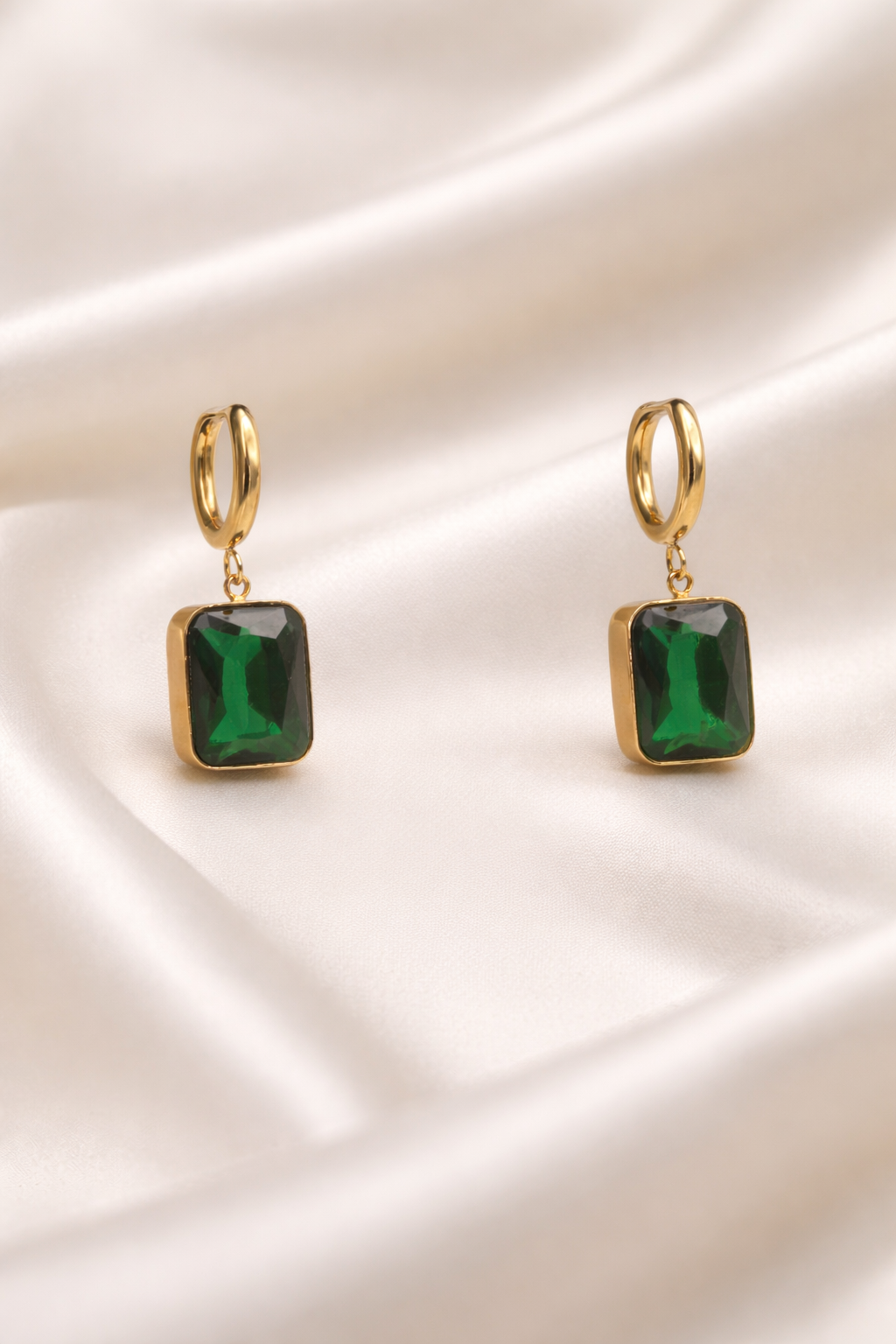 Emerald Drop Gold Hoop Earrings