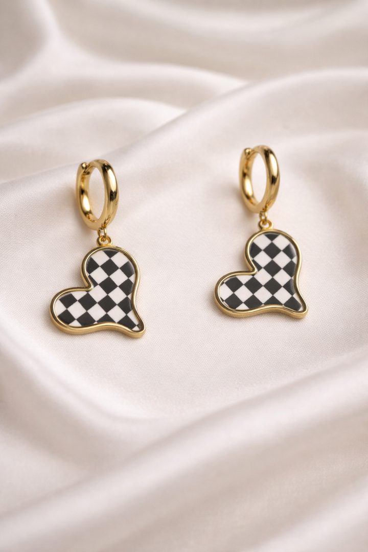Checker Heart Charm Hoop Earrings