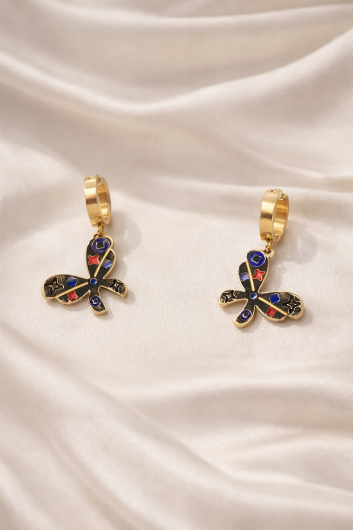 Gold Enamel Butterfly Charm Earrings