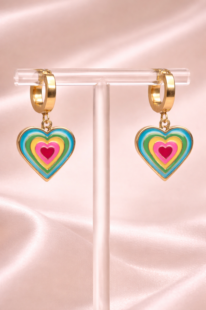 Rainbow Heart Drop Hoop Earrings