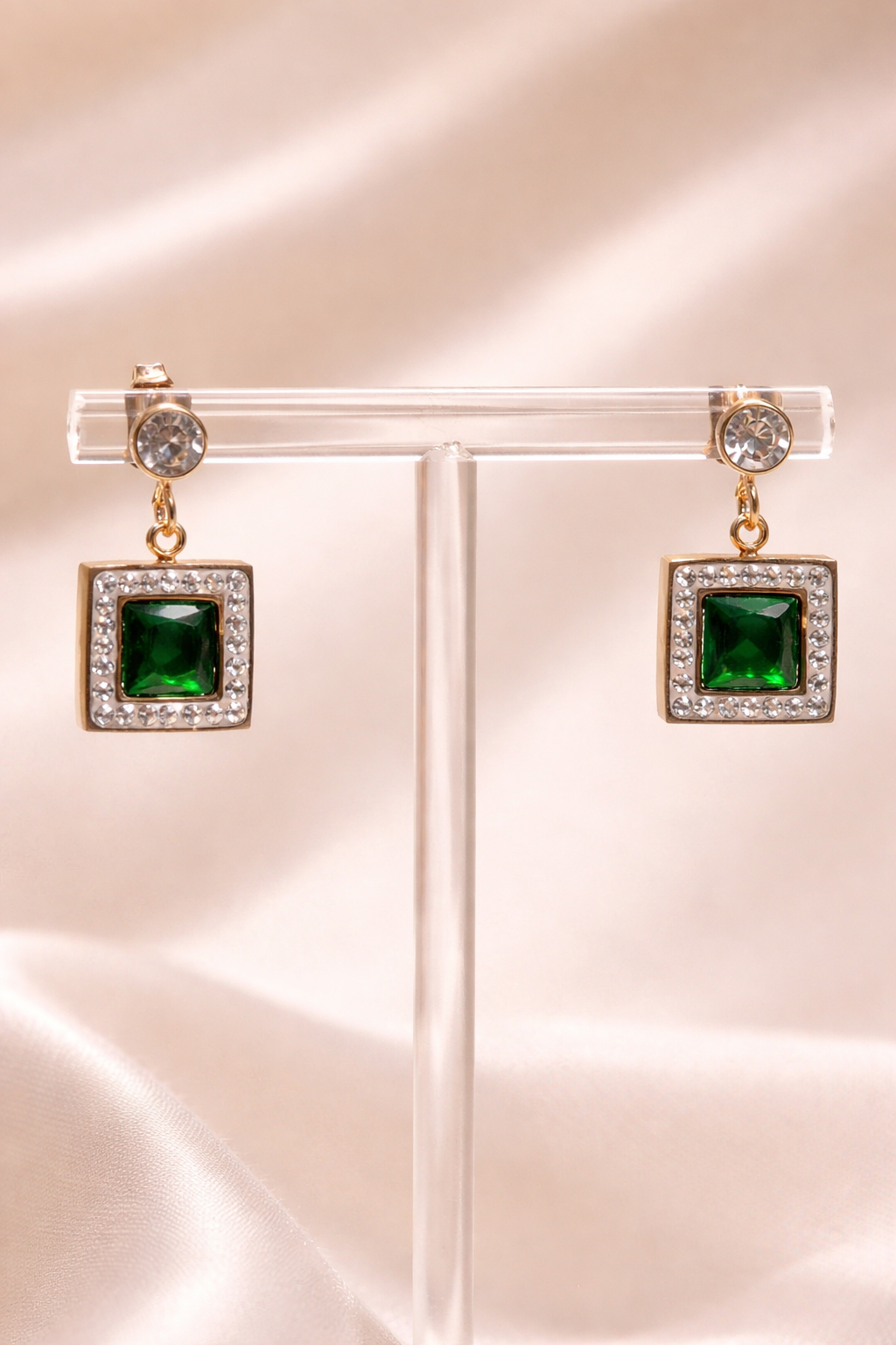 Gold Minimal Emerald with crystal Earrings