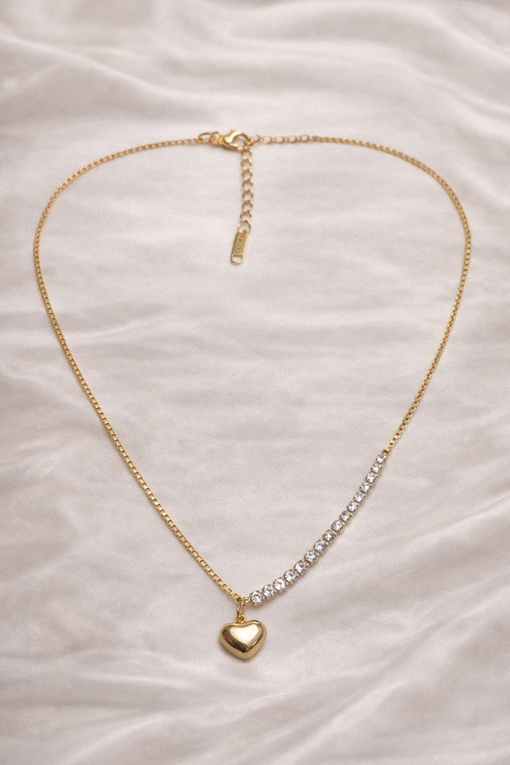 Half Crystal Heart Gold Necklace