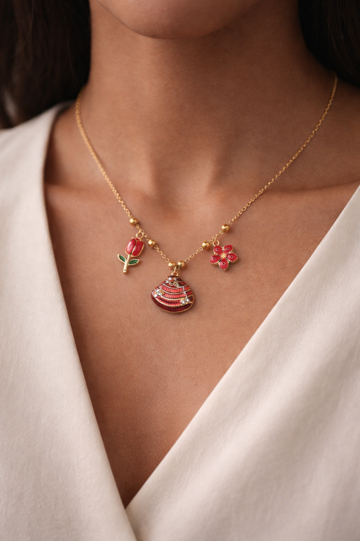 Red Floral Charm Gold Necklace