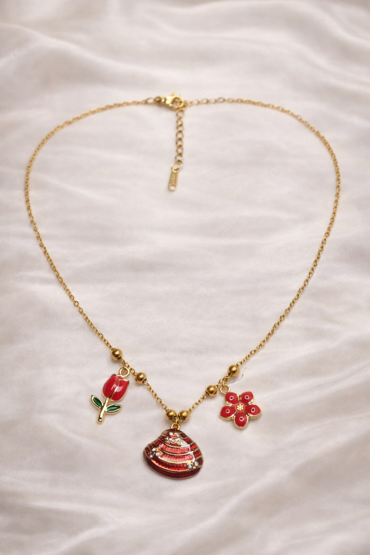Red Floral Charm Gold Necklace