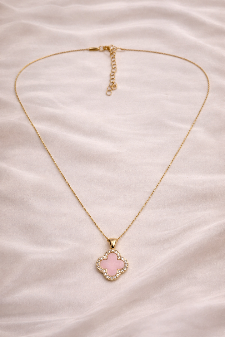 Pink Clover Crystal Pendant Necklace