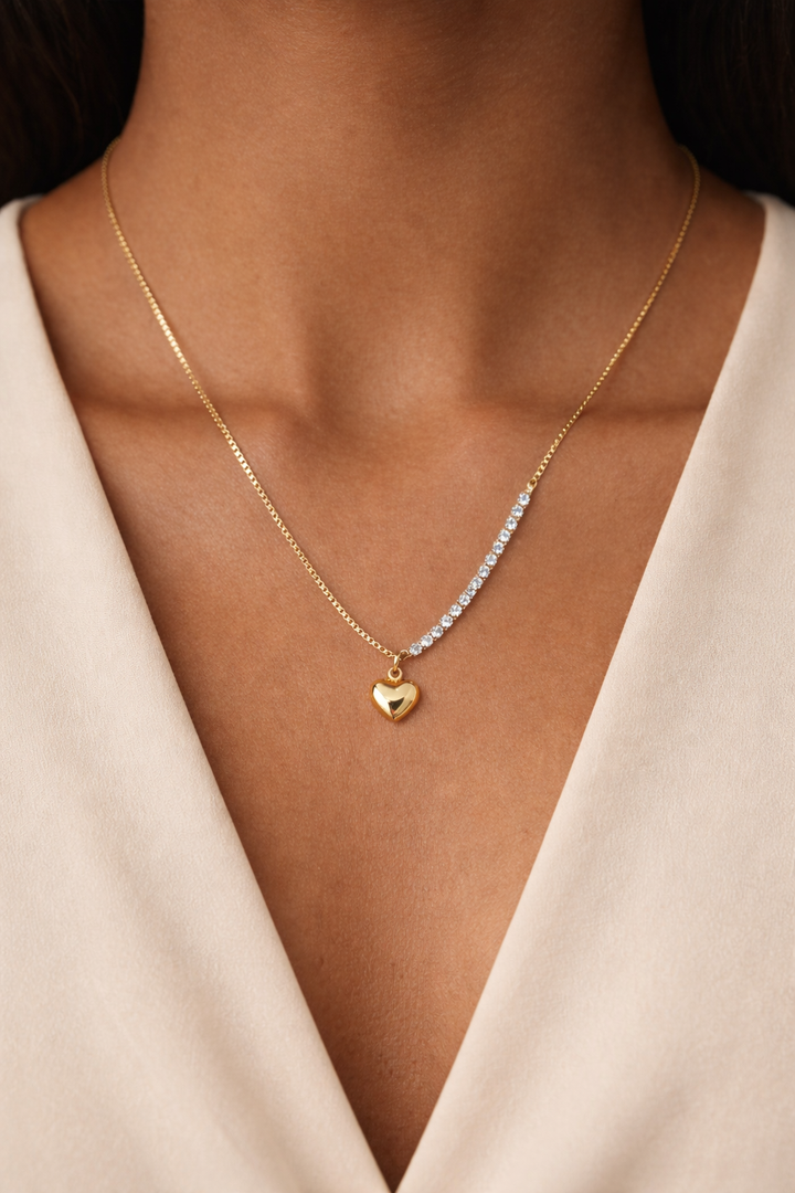 Half Crystal Heart Gold Necklace